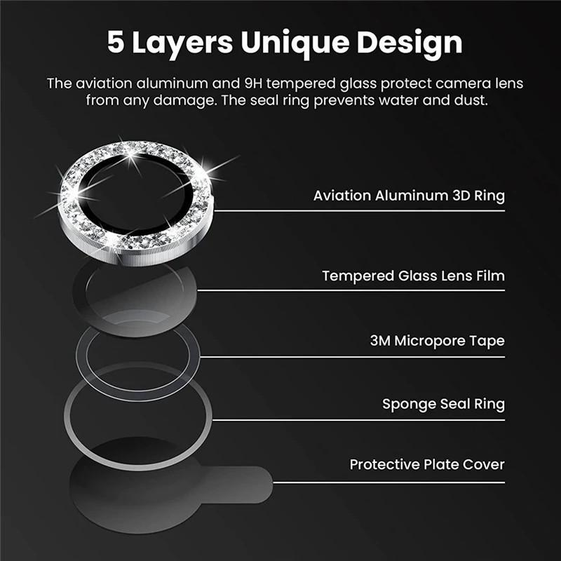 1 Set For Samsung Galaxy S24 S23 Ultra S24 S23 Plus Bling Glitter Diamond Metal Camera Lens Protector Ring with Tempered Glass