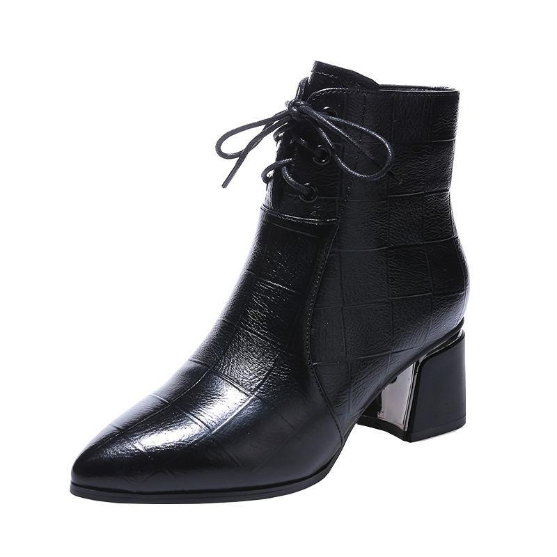 Модные женские короткие ботинки FHC, мягкие ботильоны, обувь на осень/зиму, острый носок, толстый каблук, боковая молния, шнуровка спереди. Черные, коричневые, дропшиппинг