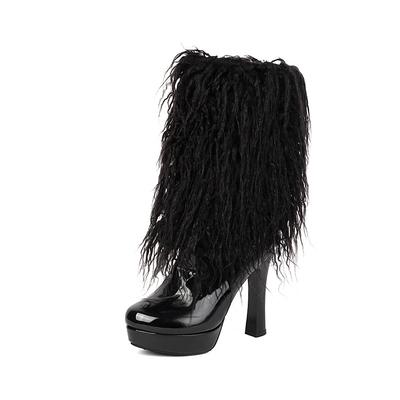 Большой размер Блестящая лакированная кожа Материал Декор кисточками Женские полусапоги средней длины Милый стиль Застежка-молния сзади Модные ботильоны на высоком каблуке