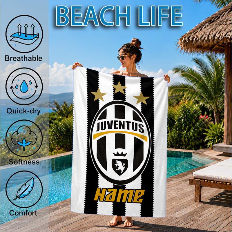 Custom Name Beach Towel Juventus Team Crest Microfiber Beach Towel, Lightweight for Summer Travel, Swimming Pool Fan Birthday Gift