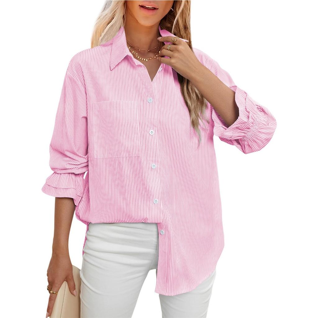 Модная женская полосатая повседневная рубашка топы с длинным рукавом