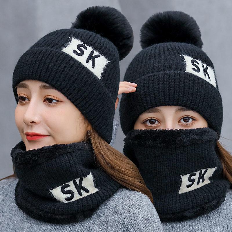 Winter Knitted Scarf Hat Set Thick Warm Skullies Beanies Hats for Women Solid Outdoor Snow Riding Ski Bonnet Caps Girl