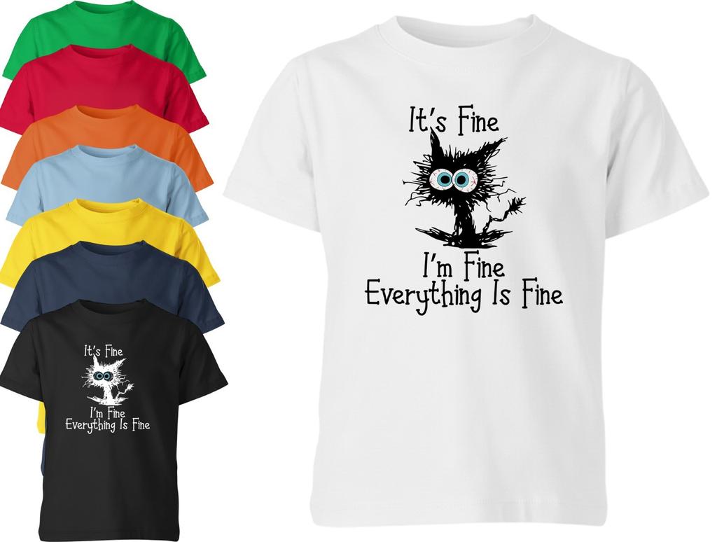 Its Fine Im Fine Everything Is Fine Funny Cat Cartoon Meme Unisex Kids T Shirt