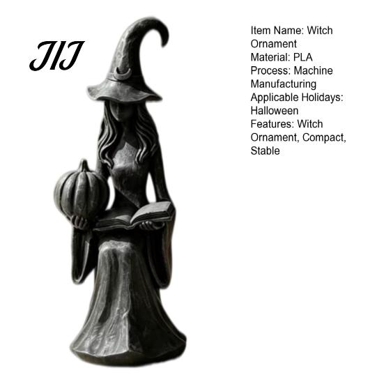 Black Gray Resin Look Sculpture Pumpkin Witch Ornament, Halloween Gothic Style Tabletop Figurine, Retro Lightweight Easy Storage Figurine PLA