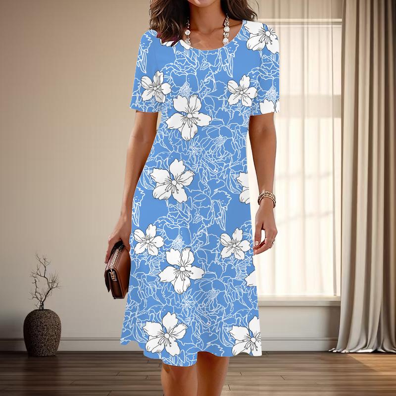 Women's Fashion Graceful Flower Print Summer Spring Short Sleeve O-Neck Casual Dresses