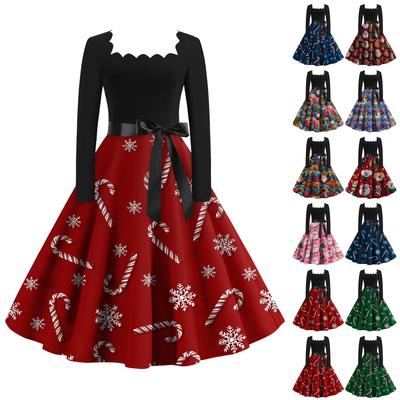 Женское модное ретро вечернее платье с длинным рукавом, квадратным вырезом и рождественским принтом