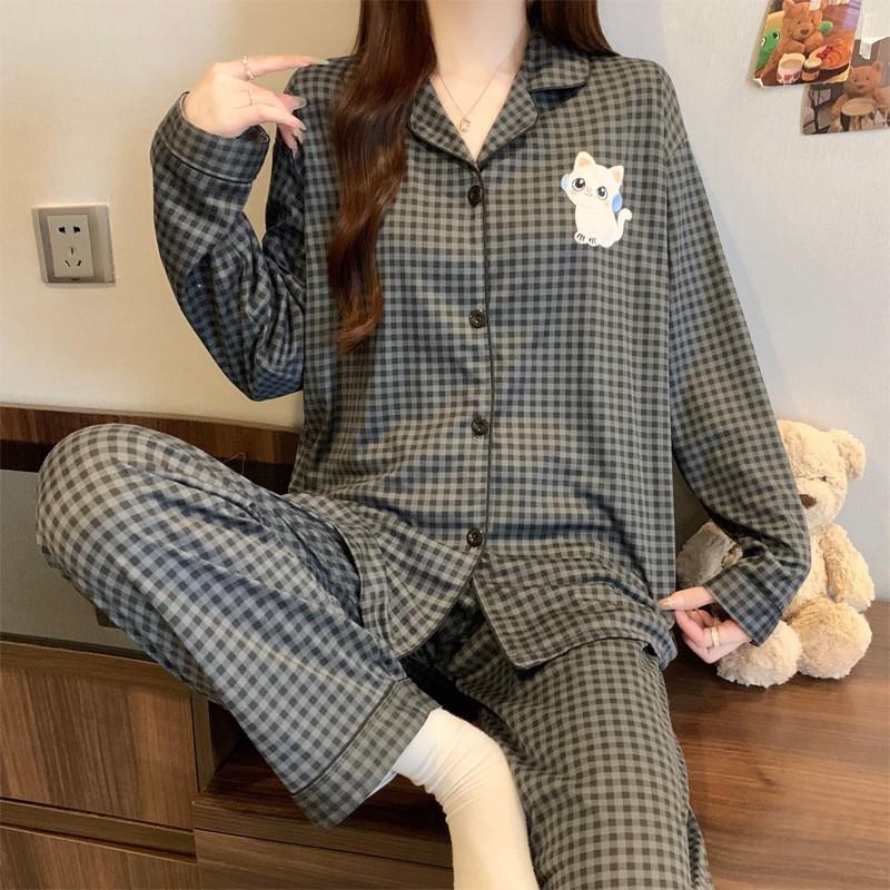 Womens Cute Cat Pajama Set Long Sleeve Fall Winter Casual Loungewear Soft Homewear