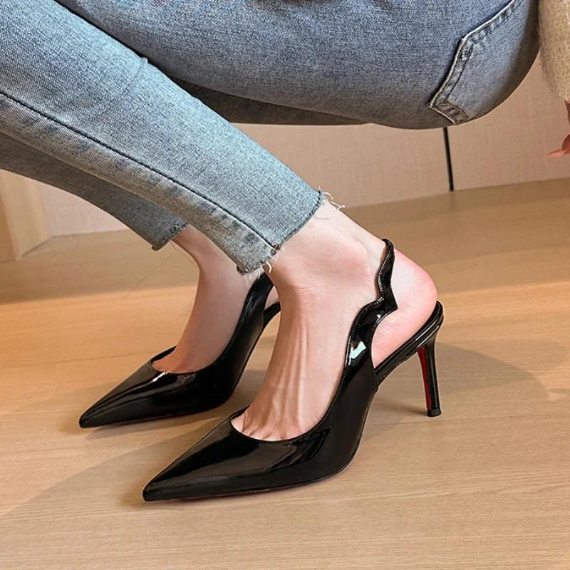 Мода Сексуальный Бренд Острый Носок Тонкий Высокий Каблук Женщины Полые Элегантные Офисные Туфли Лакированная Кожа Классические Дизайнерские Сандалии Женские Туфли-Лодочки
