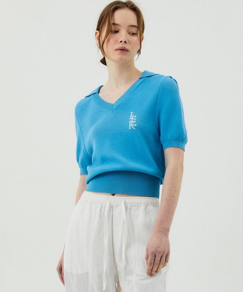 ITER Jacquard Collar V-Neck Half Knit_Ocen Blue