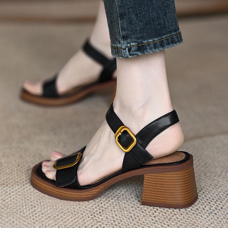 Мистер. M, женские босоножки на высоком каблуке, французская задняя часть, пустой носок, односложная пряжка, толстый каблук, коричневые кожаные босоножки на платформе