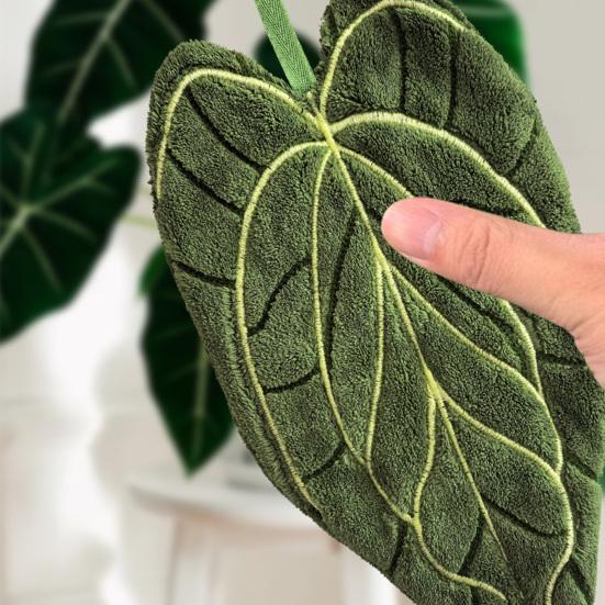 Полотенце для рук в форме листа Впитывающее полотенце для рук с петлей для подвешивания Декоративное полотенце-зеленый лист для вытирания рук Использование на кухне и в ванной