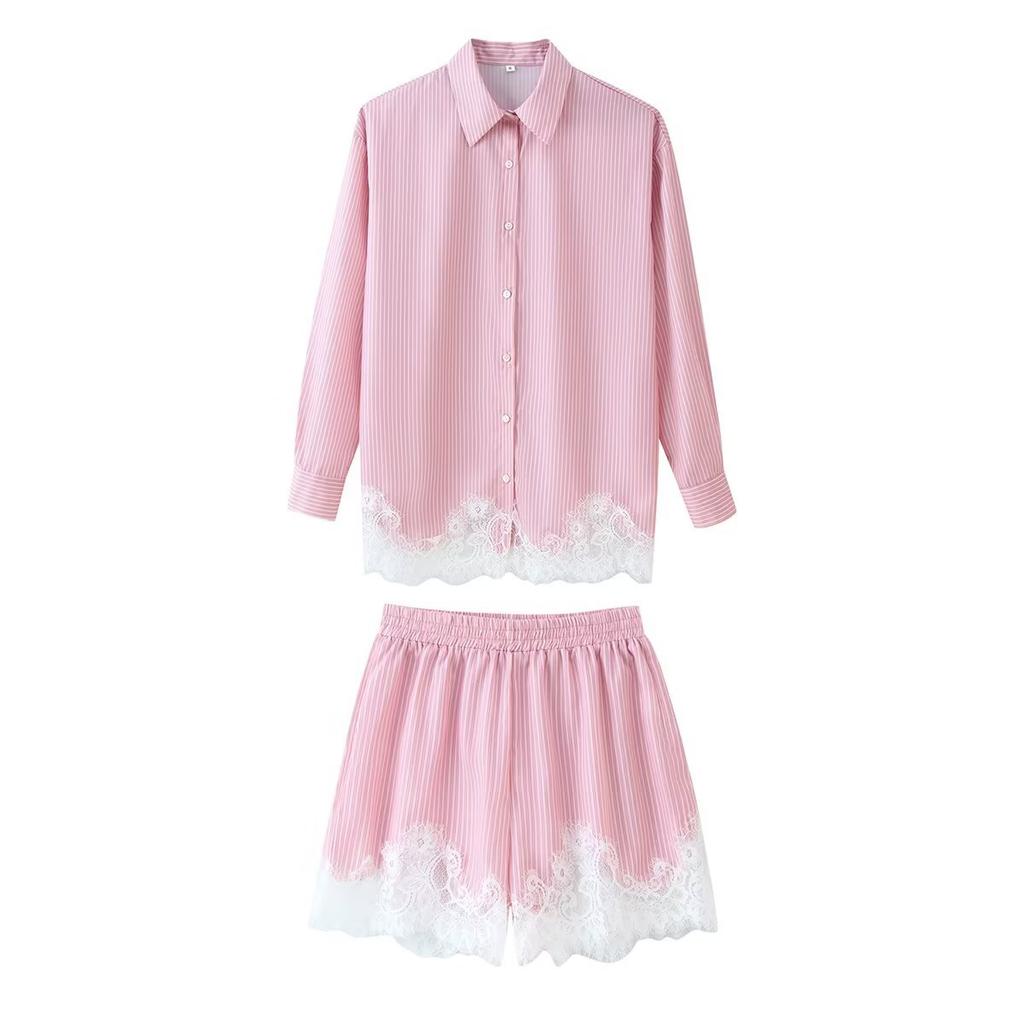 European and American style French women's clothing fashion versatile temperament casual lace shirt shorts set
