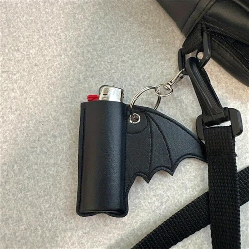 Bat Lip Balm Holder Lighter Case Keychain Pu Leather Wing Design Punk Style Pendant Accessories Lighter Protective Leather Case