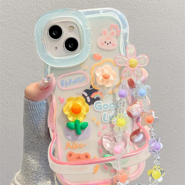 Applicable To Apple 15 Mobile Phone Case Iphone14 Rabbit Frog Flower Doll Chain 13 Wavy Edge Invisible Double Bracket