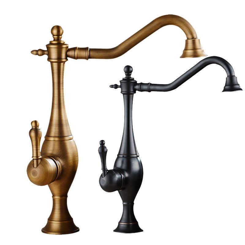 Antique Brass Kitchen Faucet Single Handle Deck Mount Basin Sink Faucet 360 Rotate Mixer Taps Hot Cold Water Faucet Crane Black