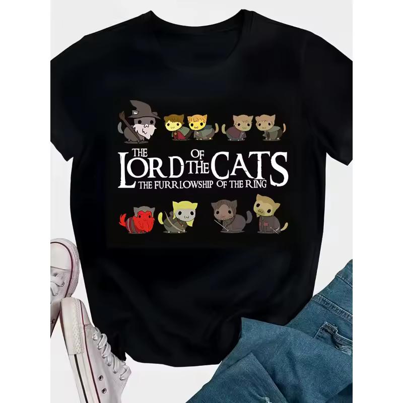 Women's Casual Short Sleeve T-Shirt The Lord of The Cats Fantasy Cartoon Print Round Neck Tee with Whimsical Cat Characters