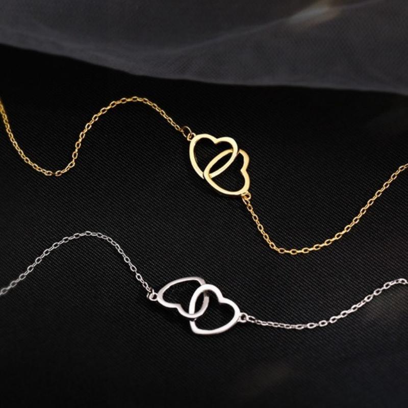 Interlocking Double Heart Necklace for Women, Dainty Love Heart Pendant Chain Necklace, Minimalist Gold Silver Heart Jewelry Gift for Valentines Day