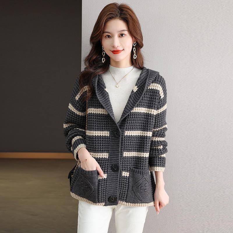 Ретро мода полосатый капюшон короткий свитер куртка женская осень и зима новый свободный вязаный кардиган внешний топ