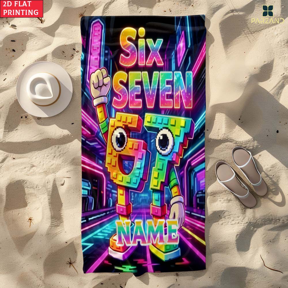 1pc  Neon Pixel Number 67 Personalized Name Beach Towel, Cyberpunk Kids Summer Pool Towel