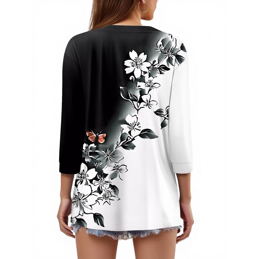 Жен. Футболка С принтом Пуговицы Рукав 3/4 Повседневные Выходные Мода Классический Классический V-образный вырез Обычный Верх