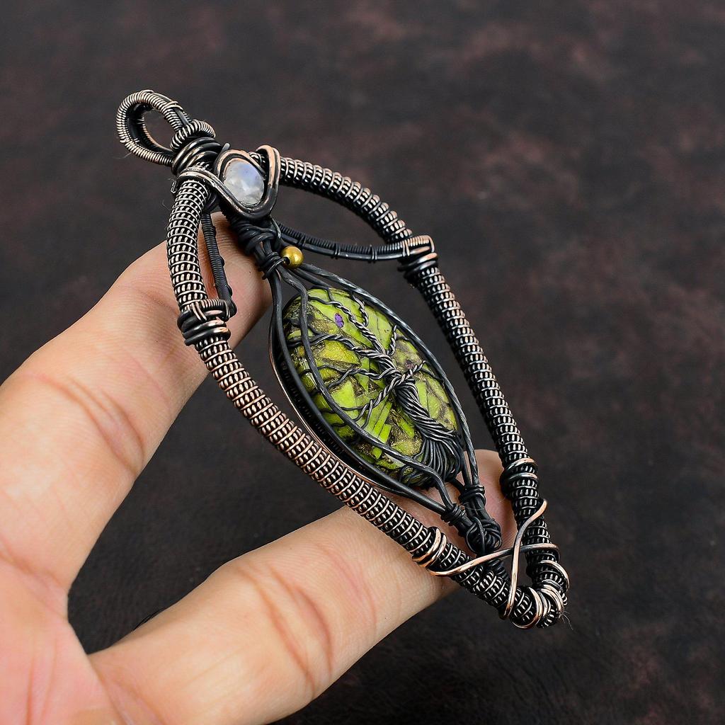 Подвеска из меди «Дерево жизни» со стихтитом, подвеска из медной проволоки, ювелирное изделие ручной работы, кулон с радужным лунным камнем, подарок для мамы, ювелирные изделия из драгоценных камней