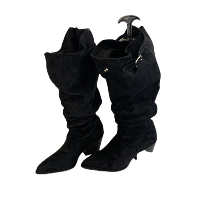 Замшевые сапоги с острым носком, высокие сапоги на среднем каблуке, дизайнерские массивные туфли, женские, тренд 2024 года, вестерн-ботинки «Челси», туфли-лодочки, новые женские ботинки