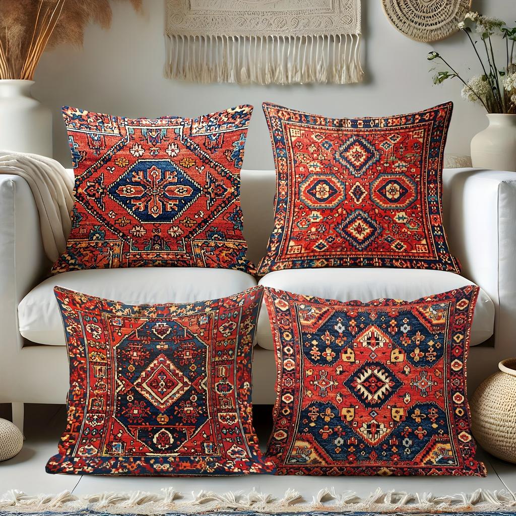 Exquisite Ethnic - Style Pillow Cover: Intricate Geometric Patterns In Vibrant Reds and Blues,Sofa Decoration Cushion Cover
