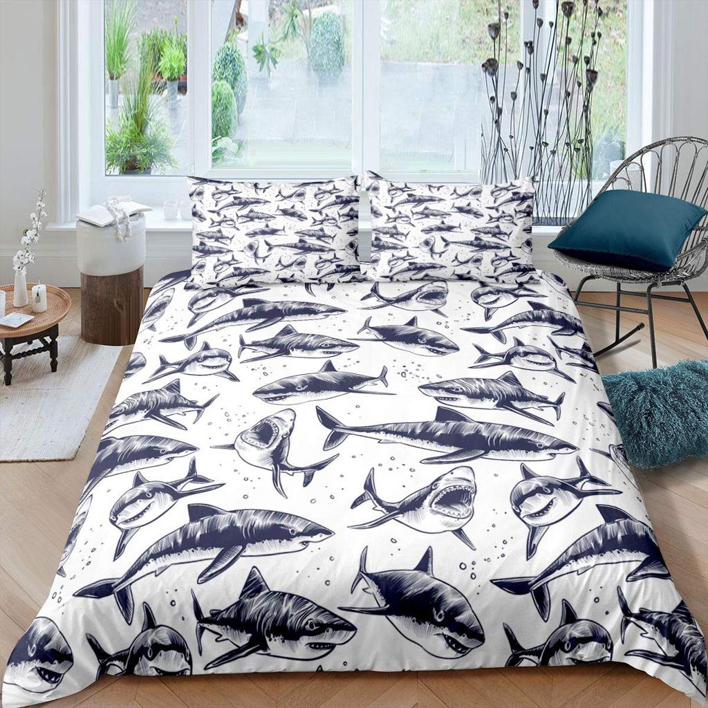 Teens Shark Duvet Cover Ocean Life Pattern Bedding Set for Kids Boys Girls Adult Dolphin Whale Comforter Cover Twin Queen Size