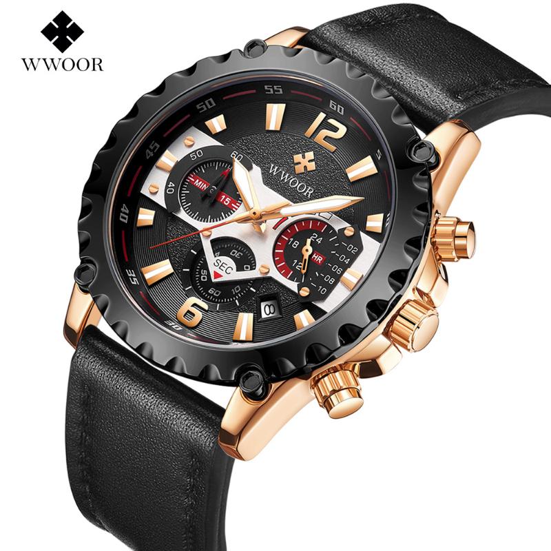 WWOOR Мужские часы с кожаным ремешком, повседневные деловые мужские часы, водонепроницаемые модные кварцевые мужские часы