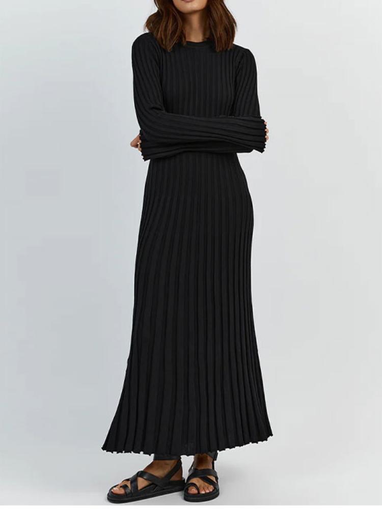 Сплошное цветное вязаное платье с круглым вырезом и длинными рукавами, женское плиссированное тонкое белое длинное платье, женская офисная уличная одежда, Vestido