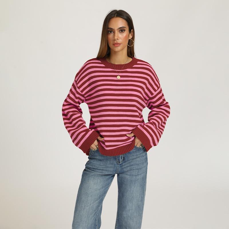 Women Loose Striped Pullover Sweater Crew Neck Long Sleeve Knitwear Autumn Winter