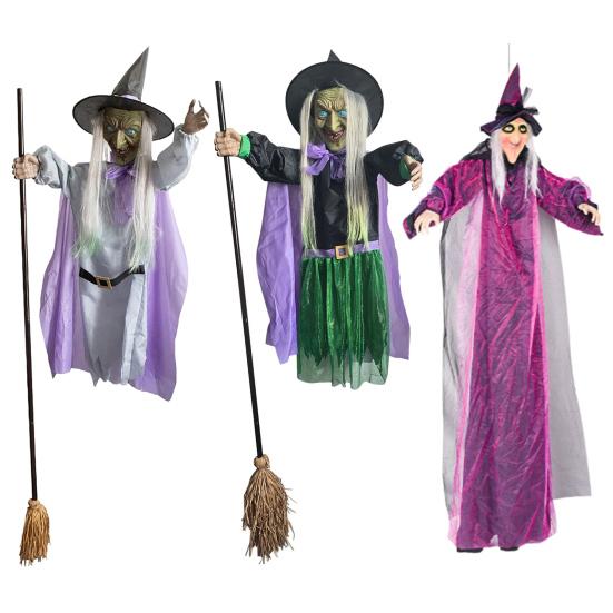 6 FT Halloween Flying Witch Decor Animated Hovering Witch with Scary Sound And Light-up Eyes for Outdoor Garden Yard Lawn Decoration