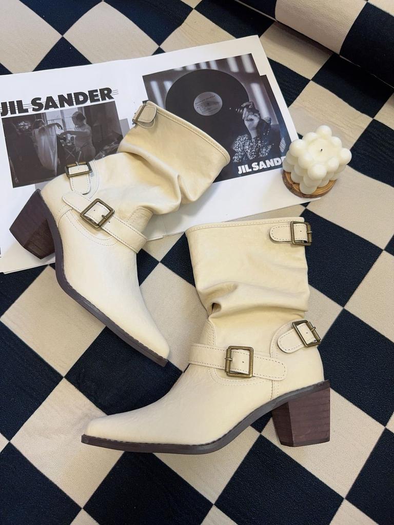 Cowhide Version Pointed Thick Heel White Short Boots Women's 2025 New British Style Belt Buckle Martin Boots Medium Tube Stacking Boots