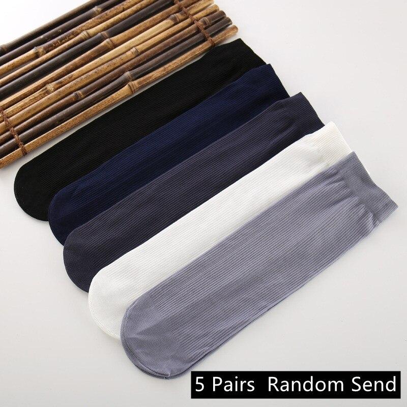 New Solid 5pair Business Mens Summer Socks Thin Silk High Elastic Nylon Breathable Casual Short Crew Socks Male Cool Socks