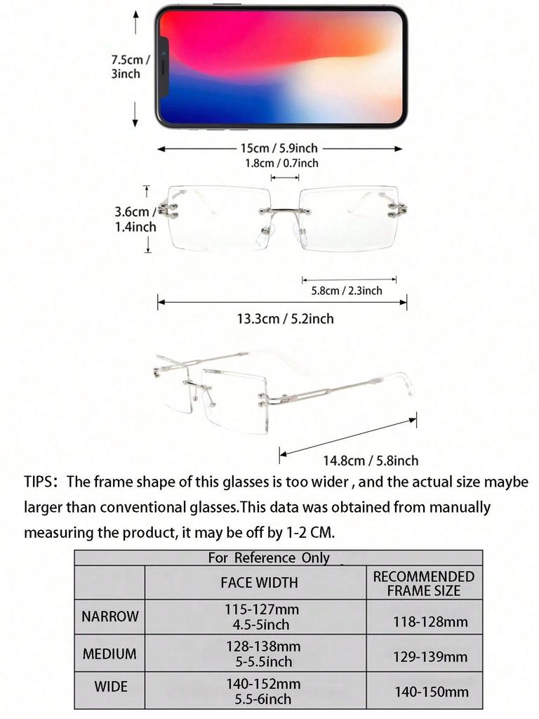 1 шт. Модные прямоугольные очки без оправы из металла для женщин, прозрачные очки для мужчин, повседневные очки для фотосъемки, аксессуары для одежды.