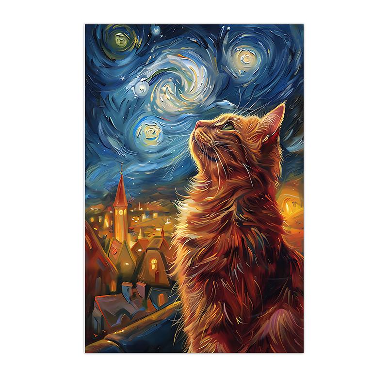 Vintage Animal Wall Art, Nordic Impressionist Cat Canvas Painting, Whimsical Tabby Poster Print for Bedroom Living Room Decor