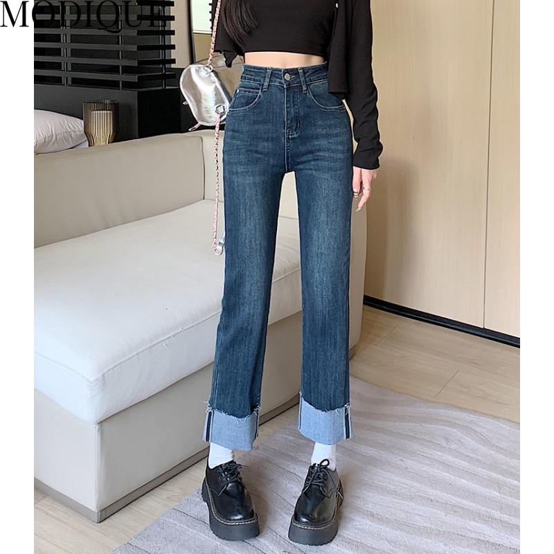 MODIQUE, весенние большие размеры, новые женские винтажные эластичные прямые длинные джинсы с высокой талией, женские базовые повседневные брюки, брюки