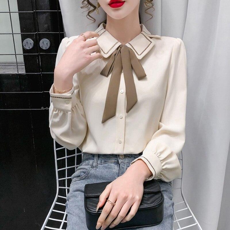 Bow Lapel Chiffon Blouse Women Sexy Office Shirts Long Sleeve Korean Style Thin Women Loose Shirt