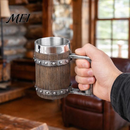 Beer Mug Large Capacity Wood Barrel Mug, 600ml Stainless Steel Liner Stein, Vintage Style Stein Rustic Tankard for Pub Home Bar Party Gift Heavy Duty