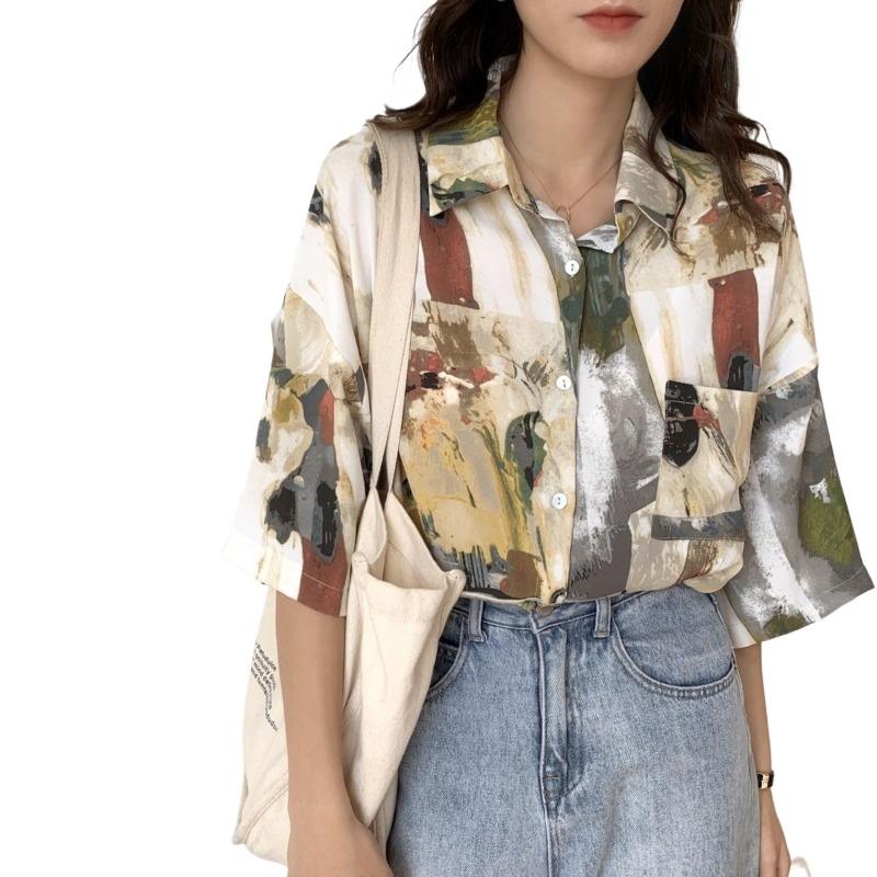 Рубашка с короткими рукавами для женщин, тонкие принтованные женские рубашки в стиле ретро с лацканами, повседневная летняя одежда для корейских женщин