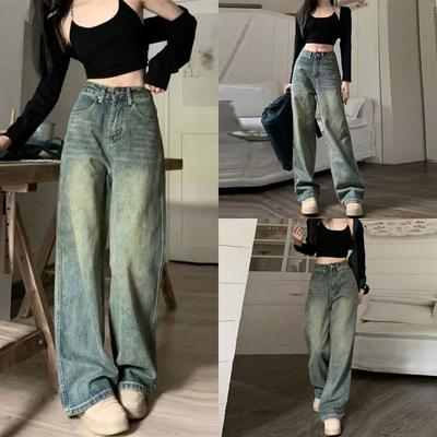 Y2k мешковатые широкие джинсы женские винтажные уличные брюки из выстиранного денима простые свободные синие брюки женские осенние