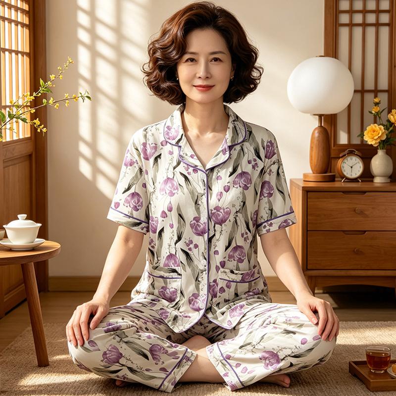 High-end light luxury fashion flower middle-aged mother generation imitation cotton pajamas loose large size short sleeve two-piece set