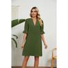 Casual Dresses - Summer Solid Color V-neck Loose Pleated Mid-sleeve Dress Women, Cross-border Casual Dress