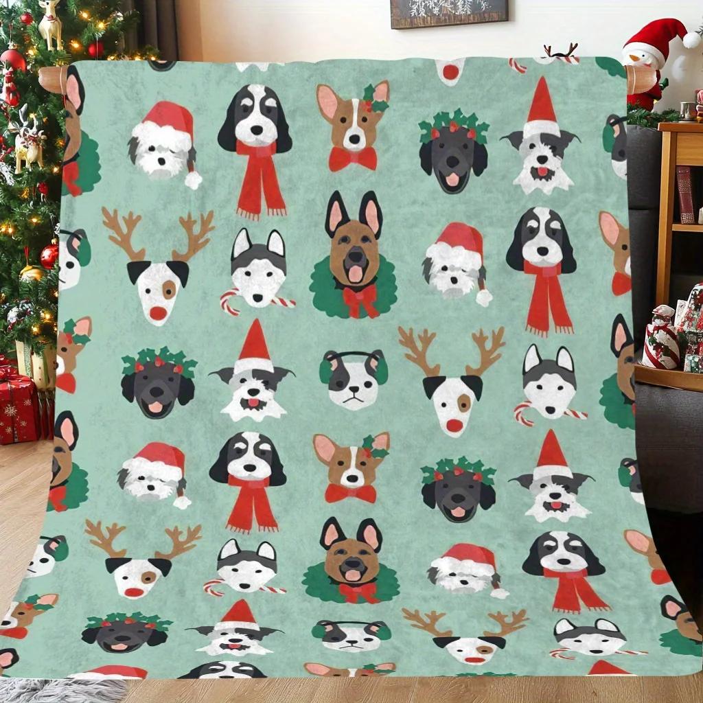Christmas Dog Patterns Throw Blanket - Soft Polyester, Modern Style, Festive Pet-Themed, No Feathers, Electricity-Free