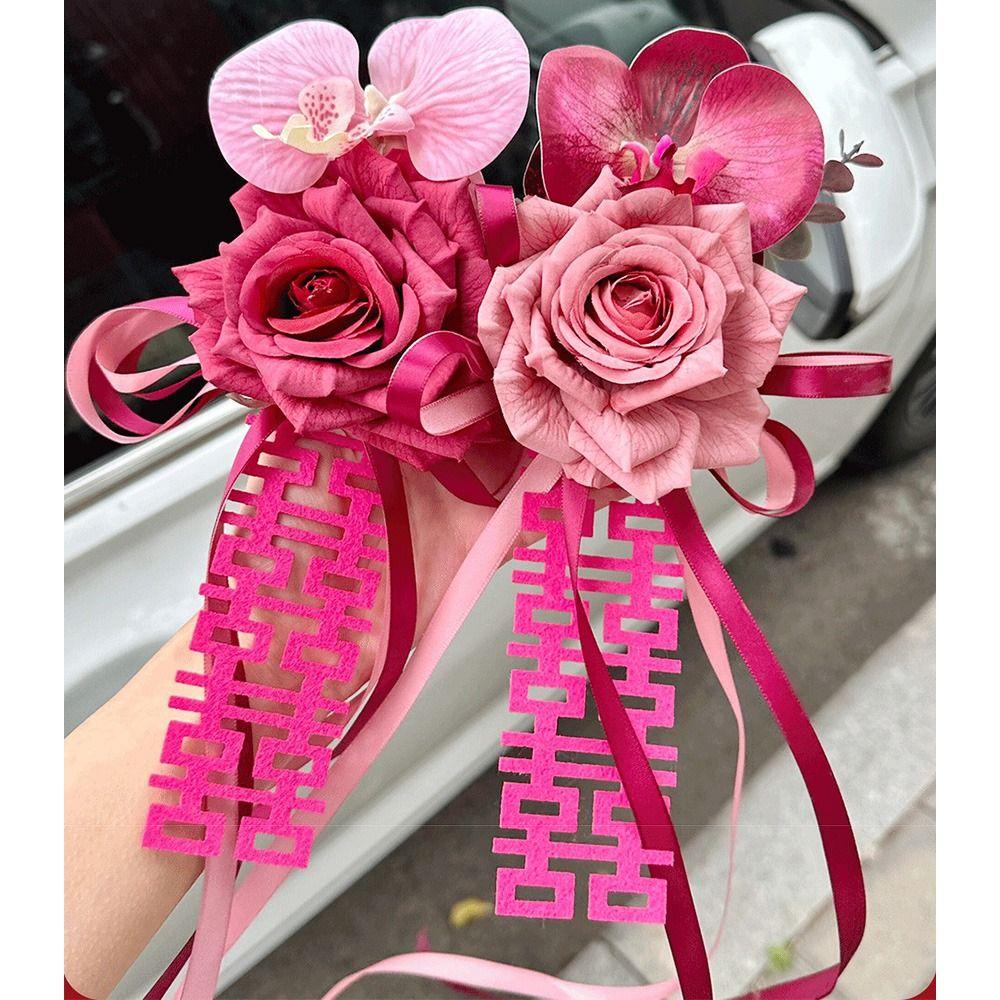 2Pcs Suction Cup Ribbon Wedding Car Flower Bowknot Bridal Car Decoration Photo Props