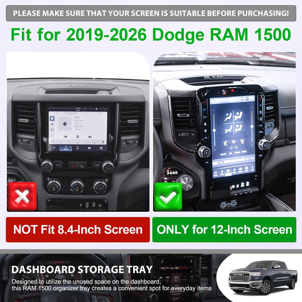 Center Console Dashboard Storage Organizer for 2019-2026 Dodge RAM 1500 Behind Screen 12 inches Dash Board Storage Cover Car Box