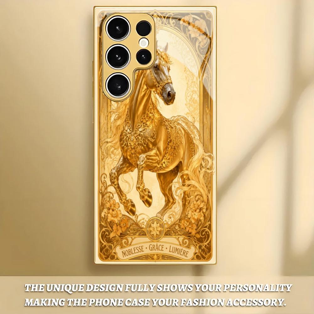 Electroplated Gold Shockproof Phone Case For Samsung Galaxy S26/S25 Edge/S24/S23 FE Ultra Featuring Lucky Golden Horse Design