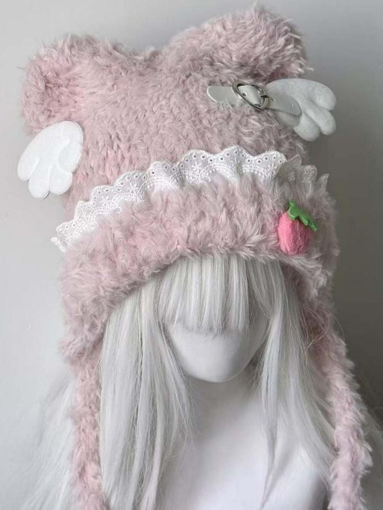 Y2K Aesthetic Lace Patchwork Knitted Fairy Hat Cute Strawberry Winter Cap Harajuku Kawaii Grunge Women Hats