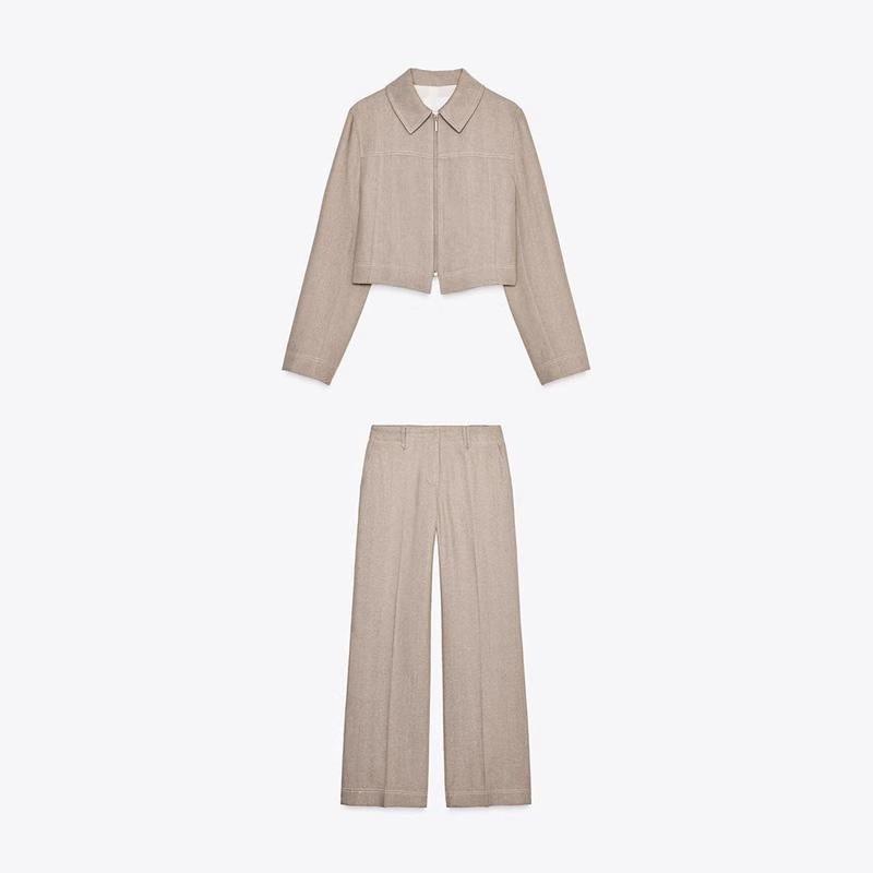 Womens Vintage Textured Short Jacket Casual Pants Set 2025