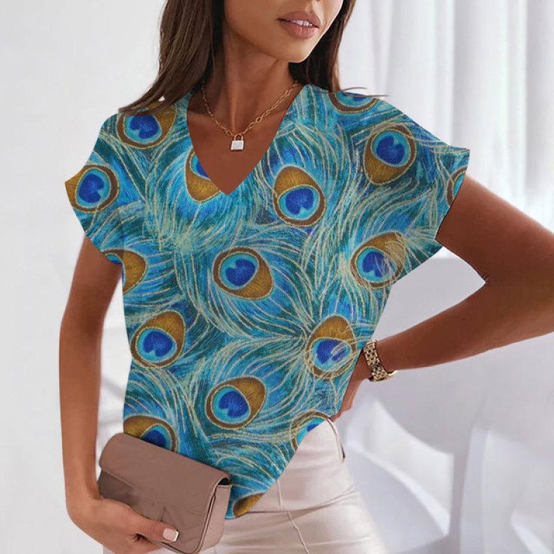 Women's V-neck Peacock Print Short Sleeve Tops Harajuku Oversized Tee Shirt Fashion Elegant Tees Casual Pullover Summer Clothing